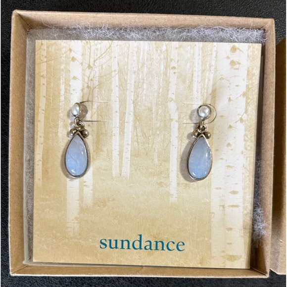 Sundance Blue Lace Agate Teardrop Earrings SUDHA .925 Sterling Silver Artisan - Picture 2 of 4